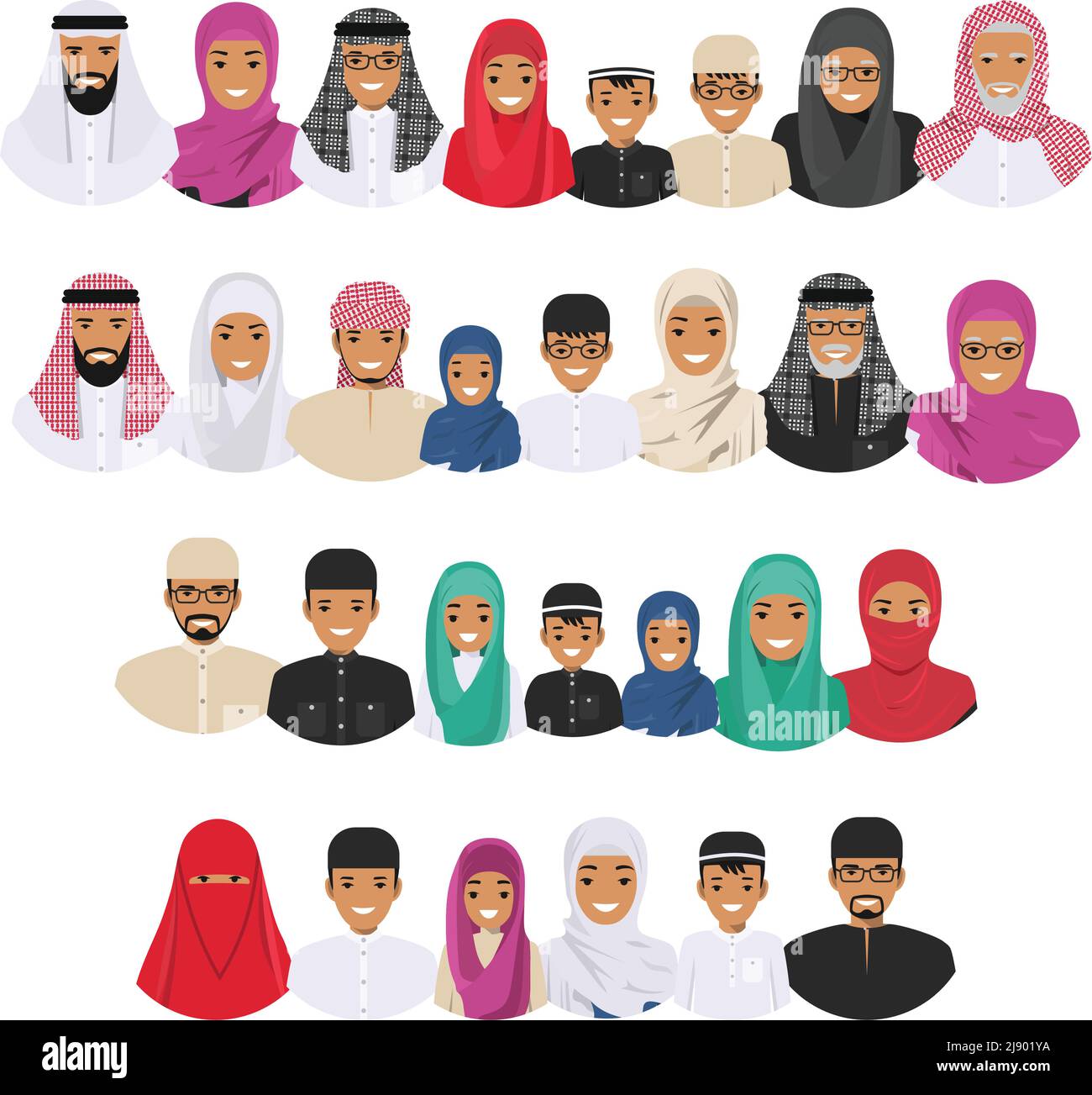 Tutti i gruppi di età della famiglia araba uomo. Generazioni uomo. Il popolo arabo padre, madre, nonna, nonno, figlio e figlia in tradizionale stoffa islamica Illustrazione Vettoriale