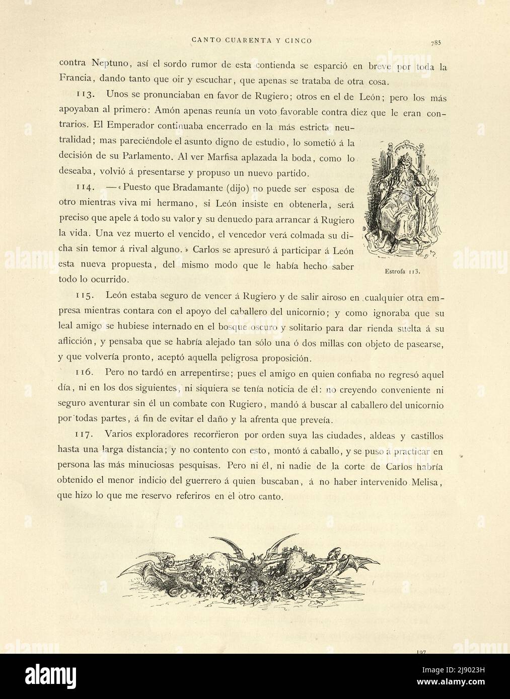 Pagina da Orlando Furioso illustrato da Gustave Dore, un romanticismo cavalleresco medievale, testo spagnolo Foto Stock