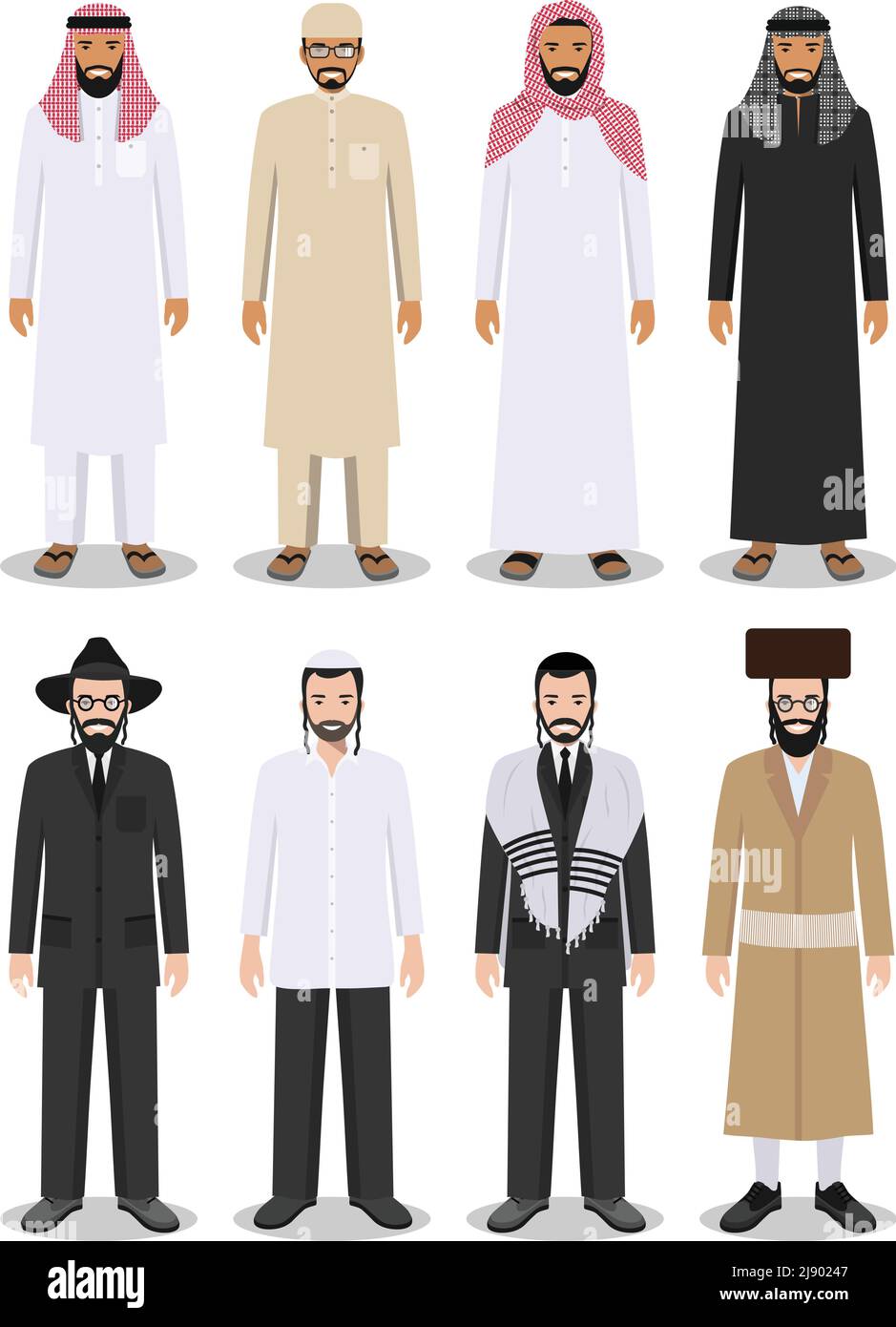 Illustrazione dettagliata di diversi uomini arabi ed ebrei in piedi nel tradizionale abbigliamento nazionale isolato su sfondo bianco in stile piatto. Illustrazione Vettoriale