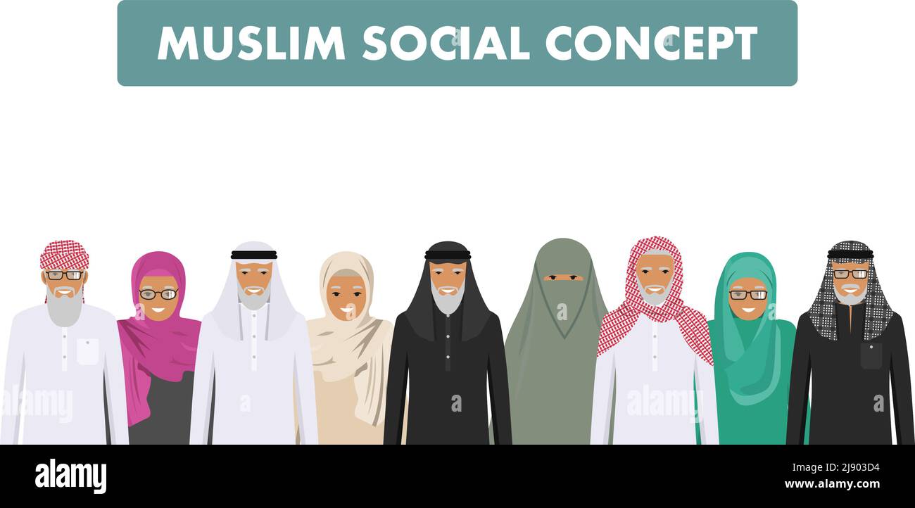 Uomini e donne arabi anziani in piedi insieme in diversi abiti islamici tradizionali su sfondo bianco in stile piatto. Diversi stili di abbigliamento. Desi piatti Illustrazione Vettoriale