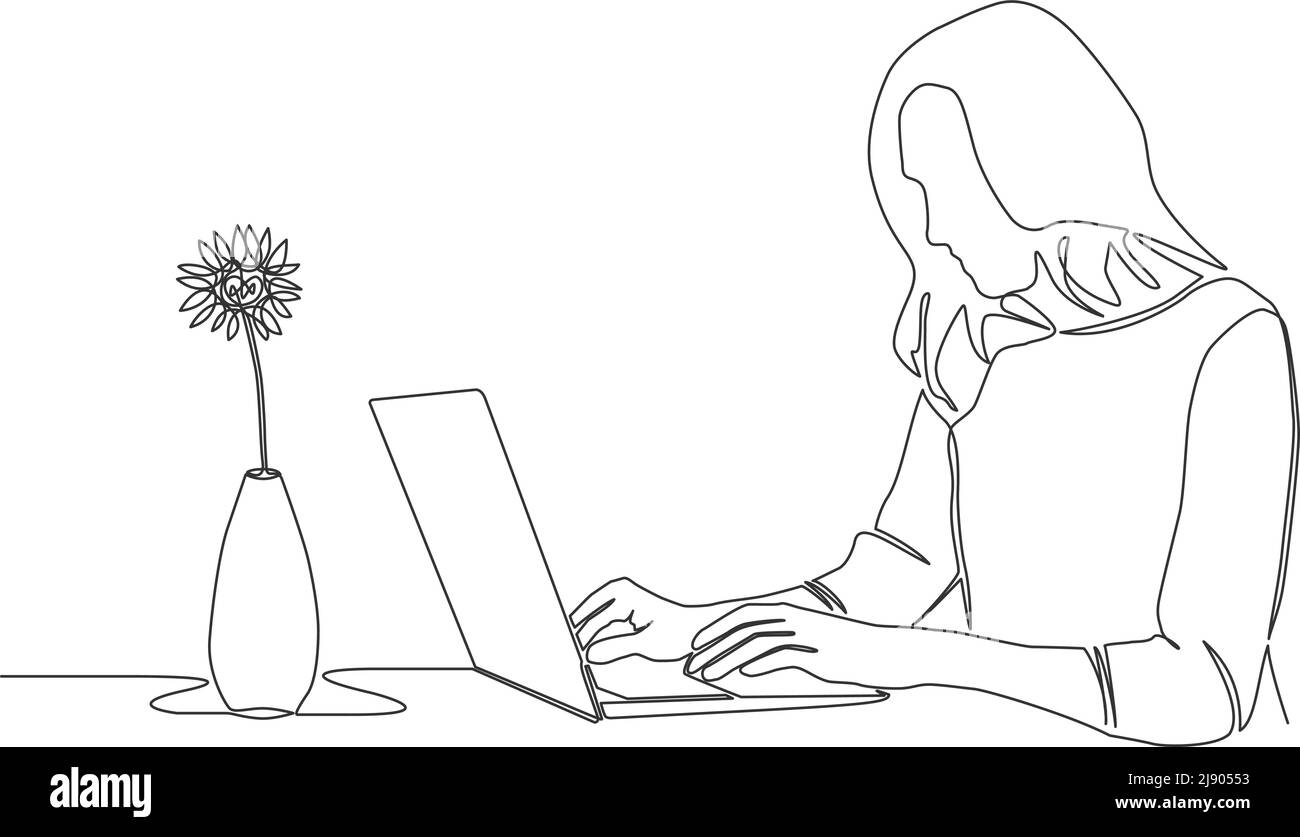 disegno a linea singola di una donna che usa un computer portatile, illustrazione vettoriale di line art Illustrazione Vettoriale