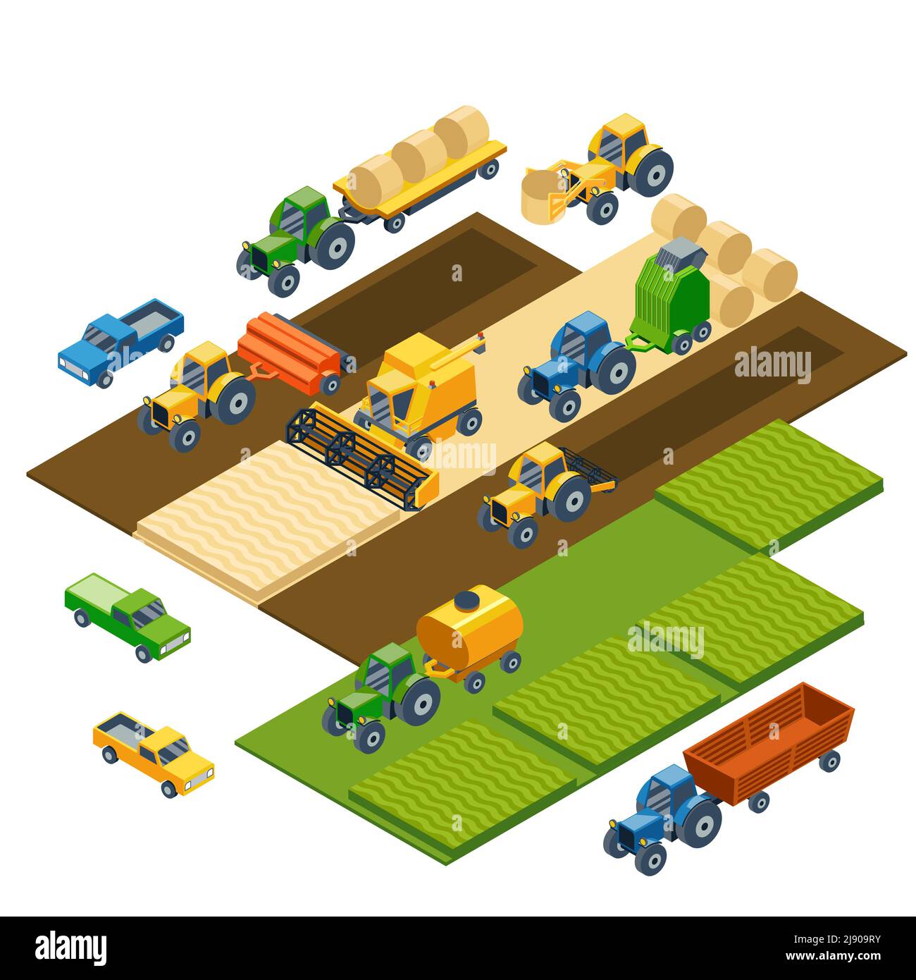 Attrezzature agricole isometriche, trattori agricoli, combinatori, rimorchi e pick-up. Trasporto pick-up, campo natura paesaggio, raccolto e grano, prato Illustrazione Vettoriale