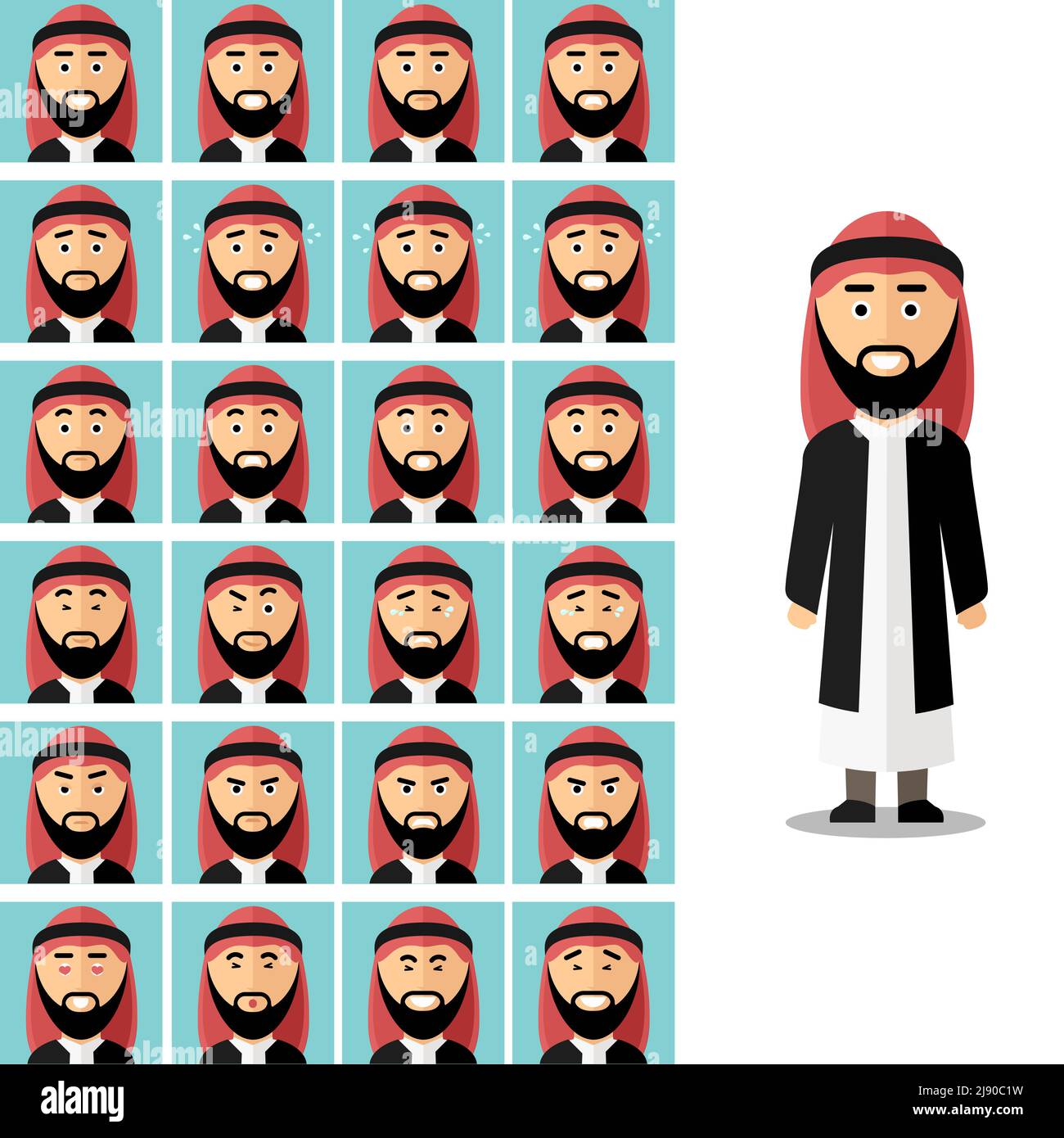 Affrontare le emozioni dell'uomo arabo. Arabo musulmano triste o arrabbiato, espressione avatar sentire illustrazione. Vettore impostato in stile piatto Illustrazione Vettoriale