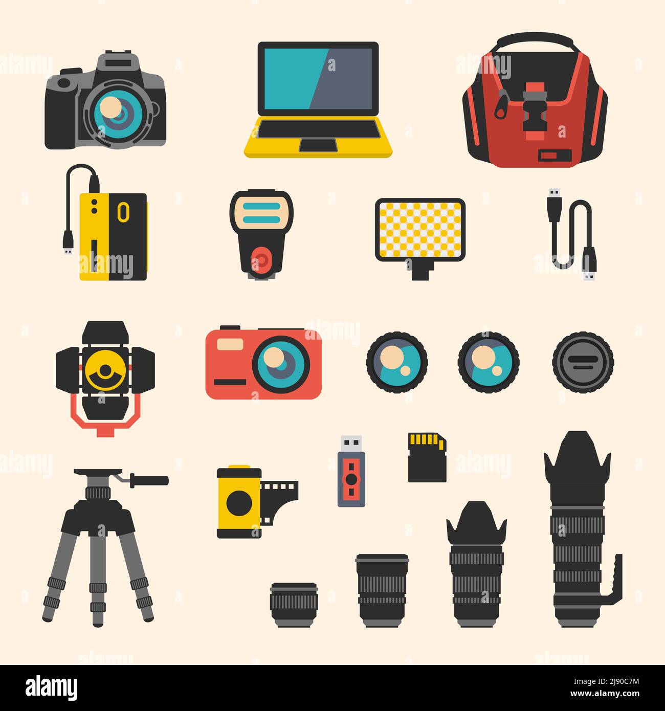 Kit per fotografi con elementi per fotocamere. Fotografia e apparecchiature digitali, lenti e pellicole. Set di icone piatte dell'illustrazione vettoriale Illustrazione Vettoriale