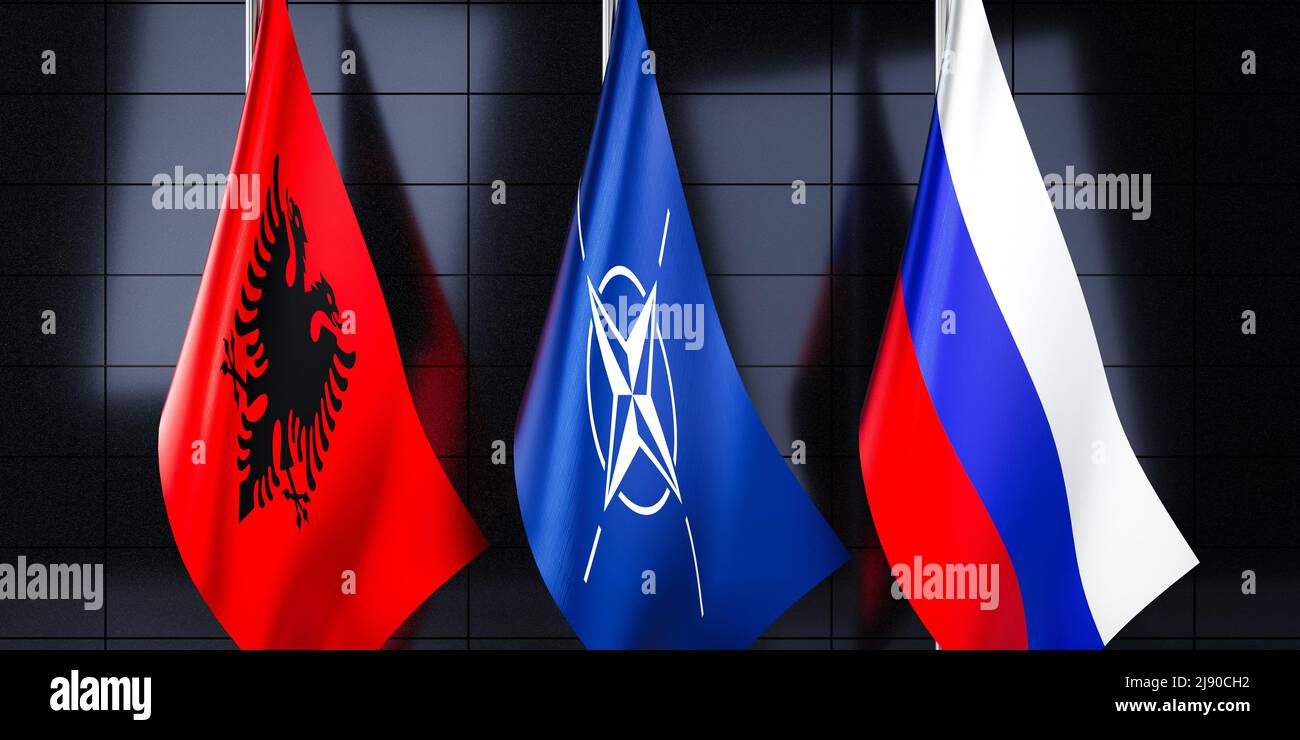 Bandiere di Albania, NATO e Russia - illustrazione 3D Foto Stock