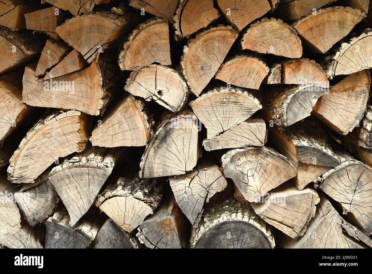 un sacco di legno tagliato impilato sfondo Foto Stock