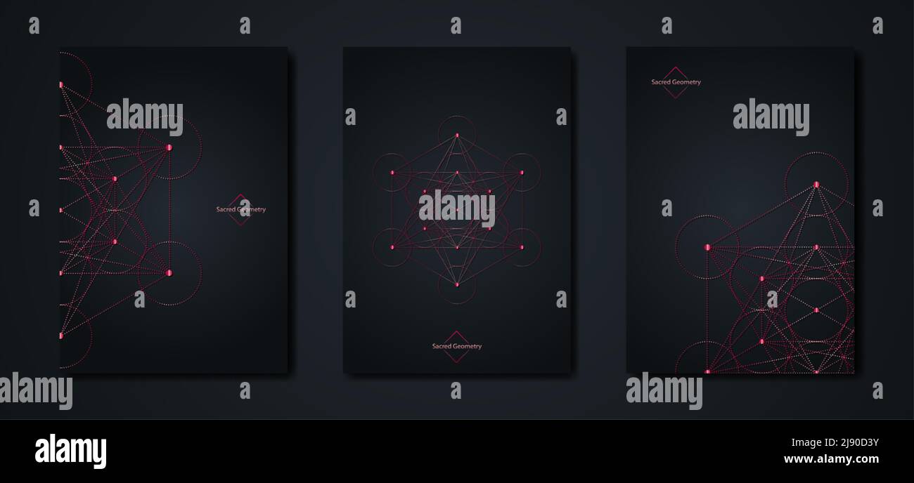 Set Black Card Metatrons Cube, Fiore della vita. Geometria sacra rossa. Mystic icona platonic solidi Merkabah, astratto geometrico colore di disegno metallico Illustrazione Vettoriale