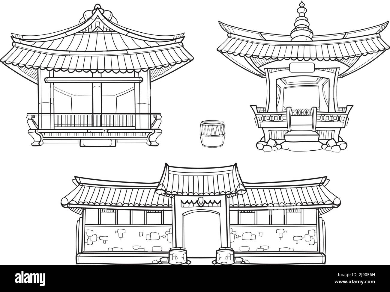 Insieme vettoriale di architettura tradizionale coreana Hanok. Palazzo casa, architettura asia villaggio cultura, illustrazione casa asiatica Illustrazione Vettoriale