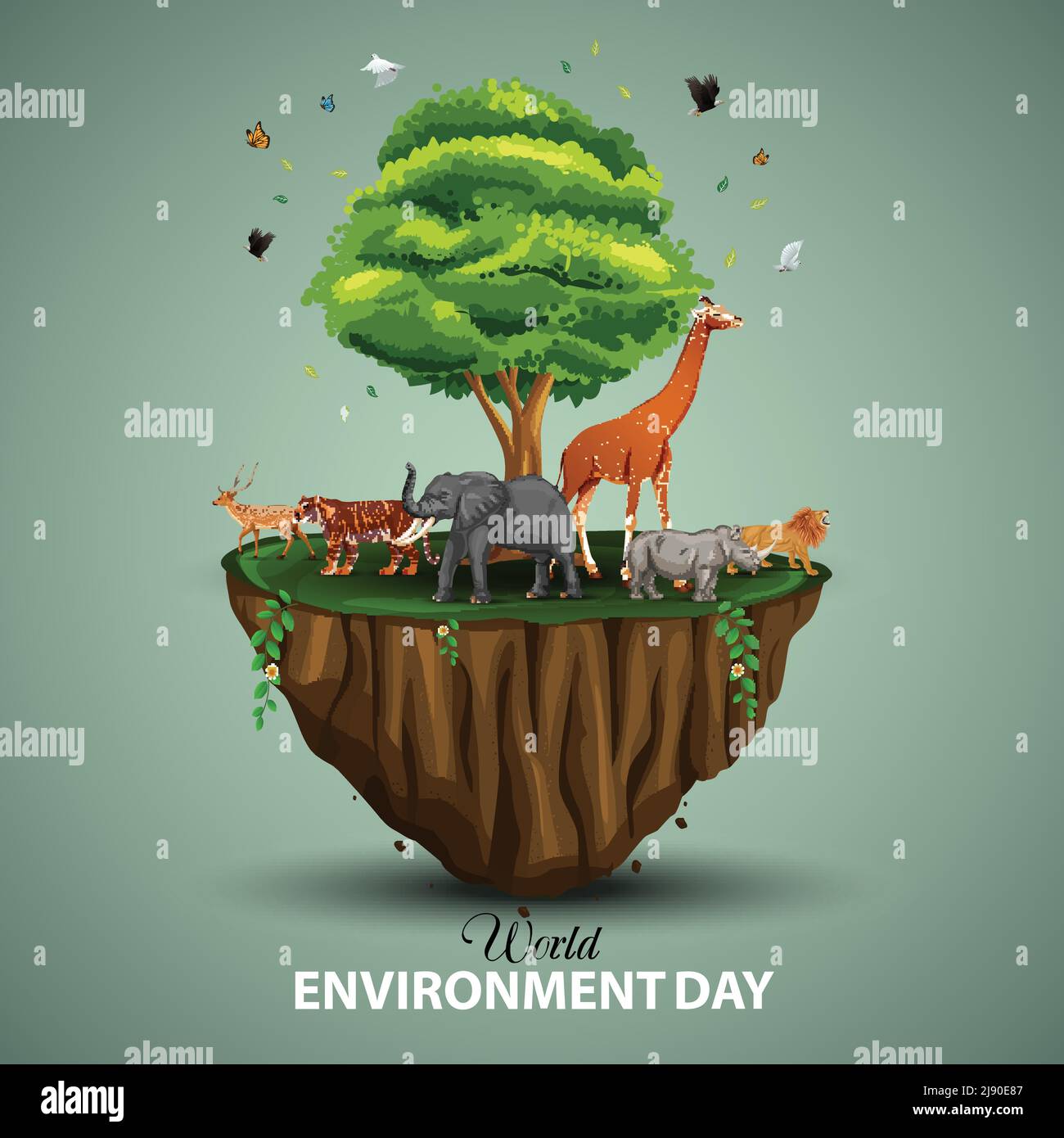 Animali nella foresta, ambiente creativo del mondo di disegno e concetto di disegno e pittura di giorno della terra. Disegno vettoriale Illustrazione Vettoriale