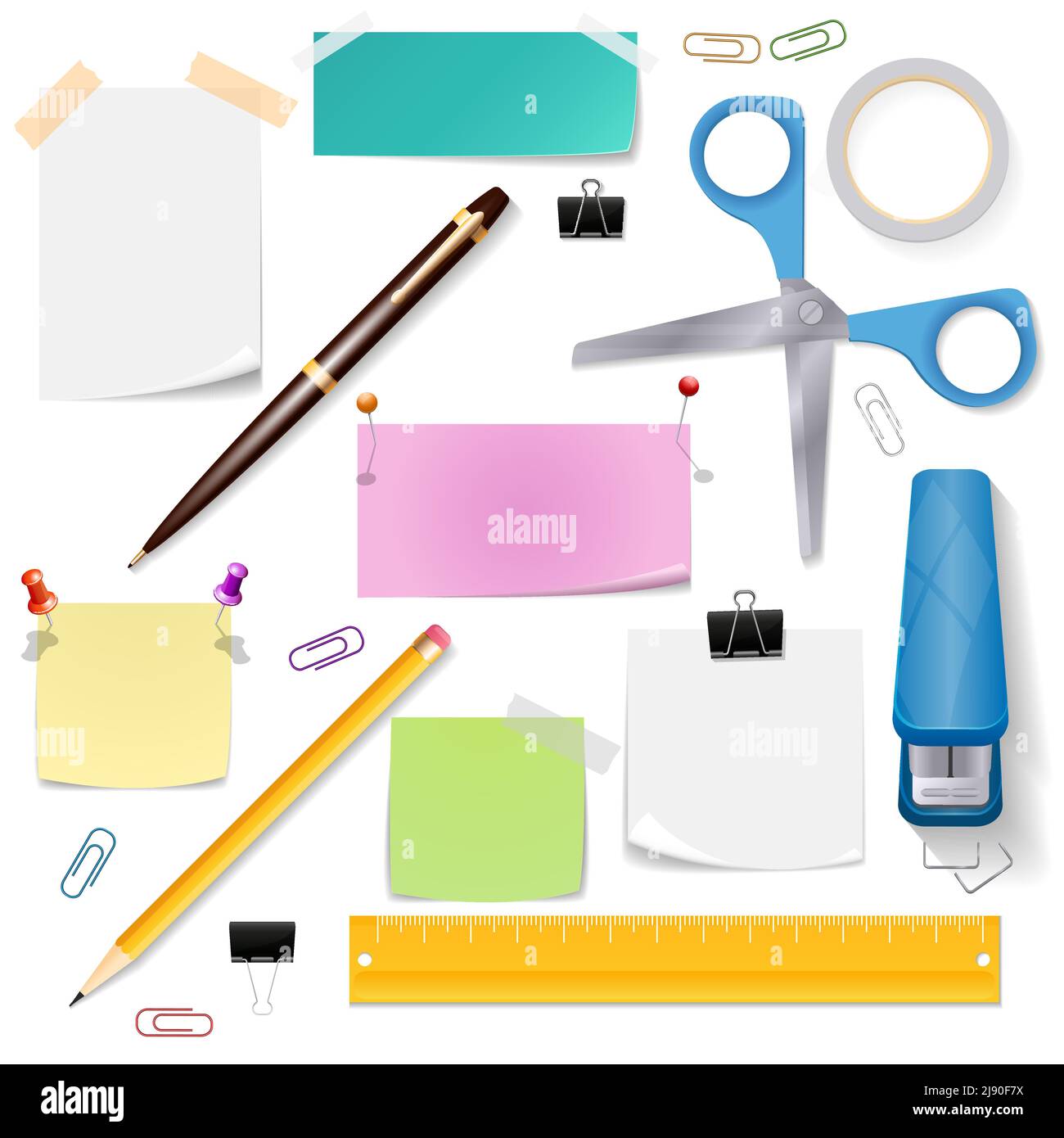 Set di materiali di consumo per ufficio. Forbici carta e cancelleria, matita e penna, illustrazione vettoriale Illustrazione Vettoriale