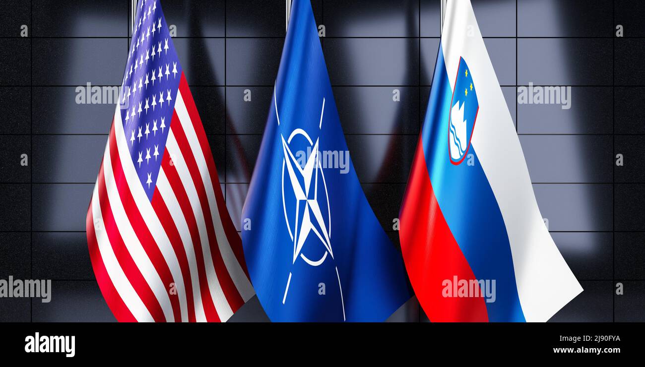 Bandiere della Slovenia, della NATO e degli Stati Uniti - illustrazione del 3D Foto Stock