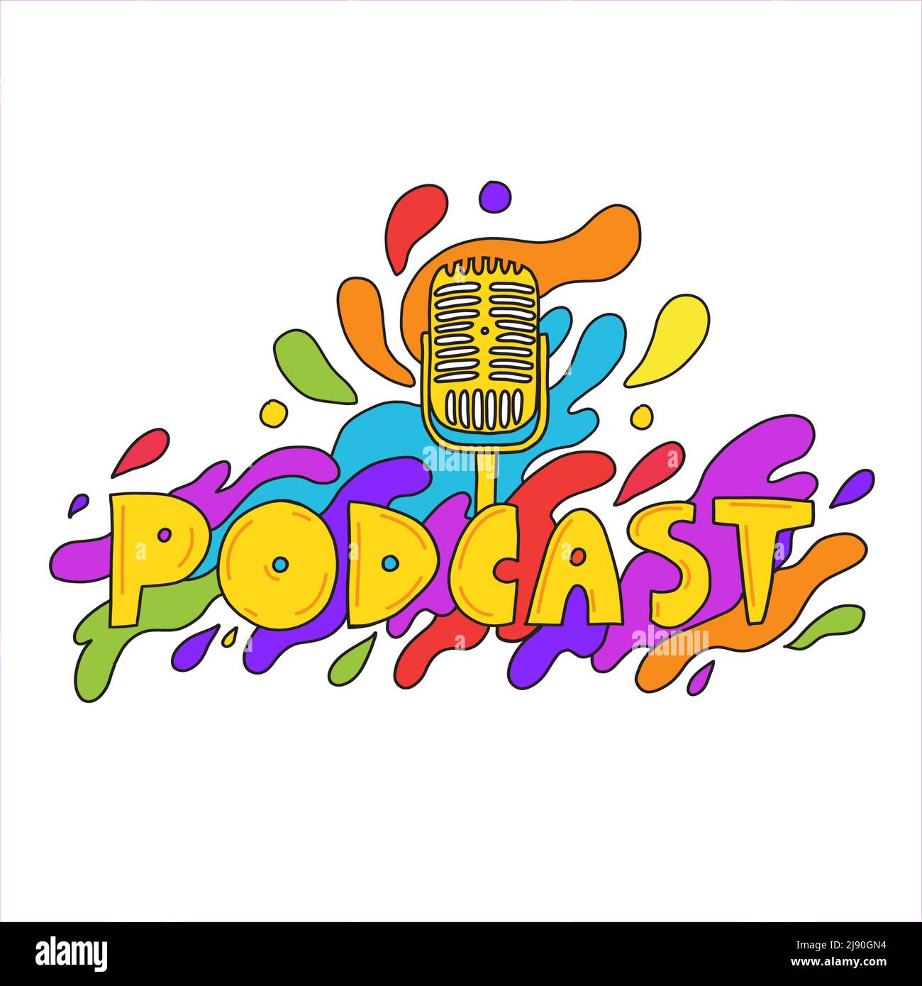 Scritta colorata con il logo del podcast. Divertente logo di podcast fumetto con microfono. Ideale per podcasting, broadcasting, media hosting, banner, web ra Illustrazione Vettoriale