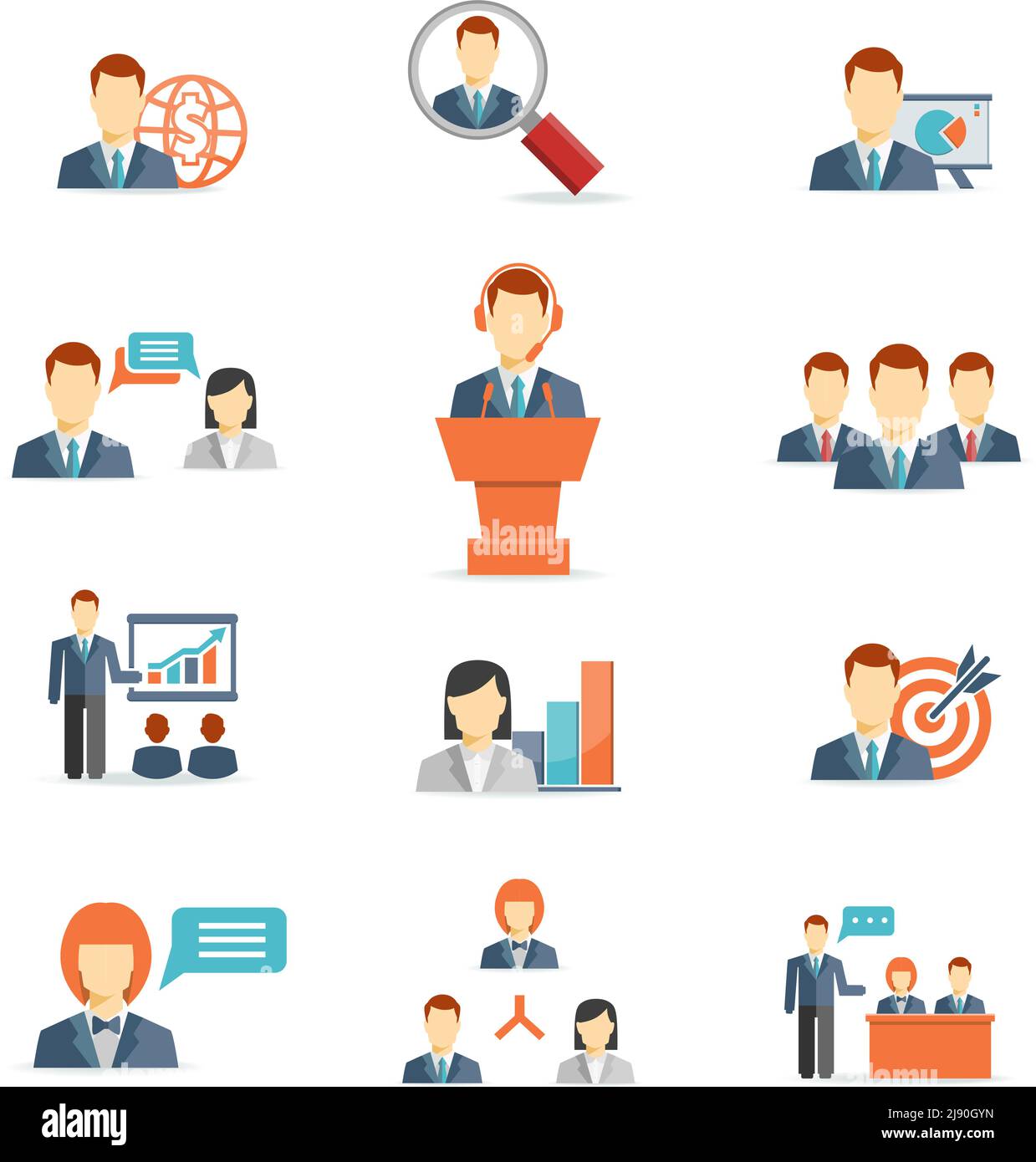 Insieme di icone vettoriali colorate per persone aziendali che mostrano l'obiettivo del training presentazione riunioni online globali discussione analisi del lavoro di squadra e grap Illustrazione Vettoriale