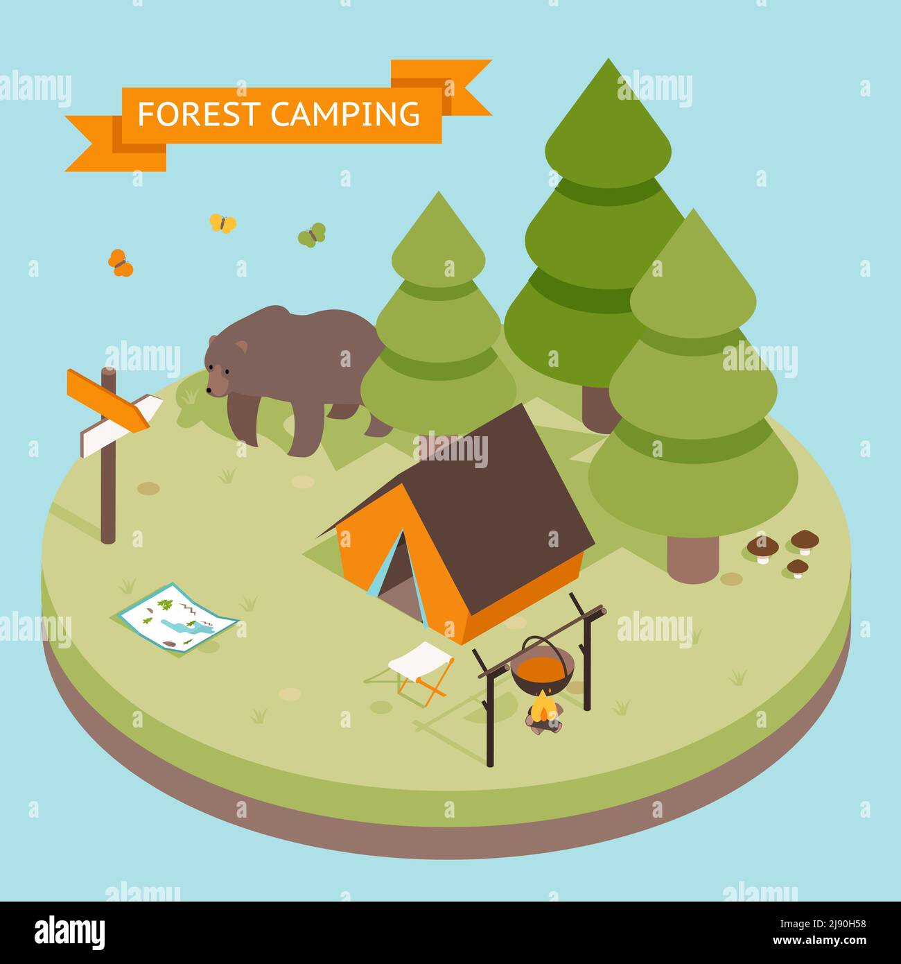 Icona di campeggio foresta 3d isometrica. Foresta e tenda, orso e fuoco Illustrazione Vettoriale