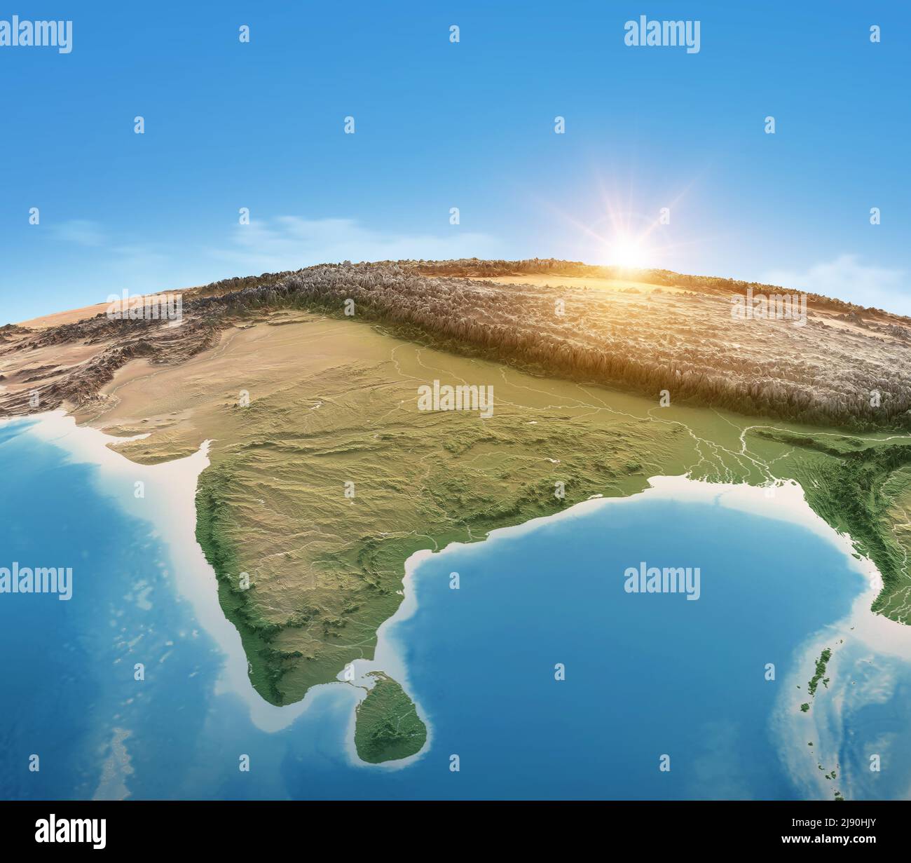Mappa fisica del pianeta Terra, focalizzata su India, Asia meridionale. Vista satellitare, sole che splende all'orizzonte. Elementi forniti dalla NASA Foto Stock