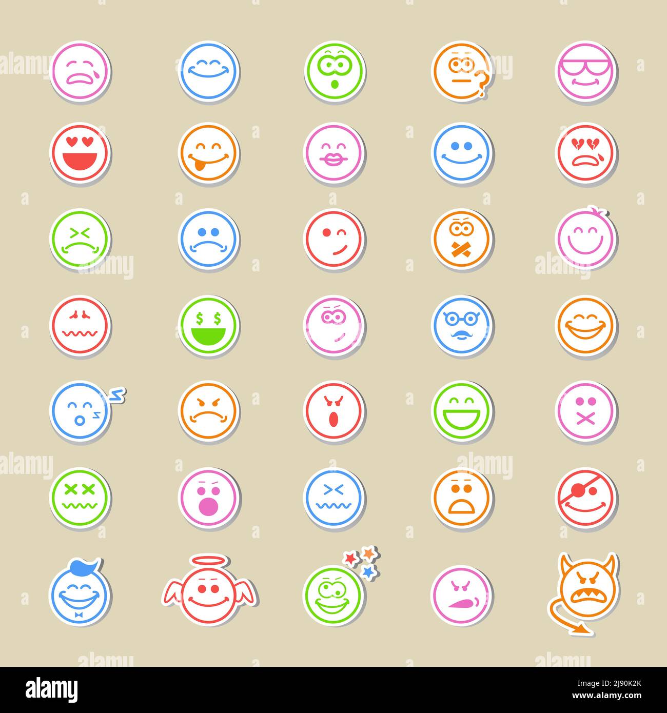 Grande collezione di icone o emoticon rotonde che mostrano un ampia varietà di espressioni diverse in trentacinque diversi progetti vettoriali Illustrazione Vettoriale