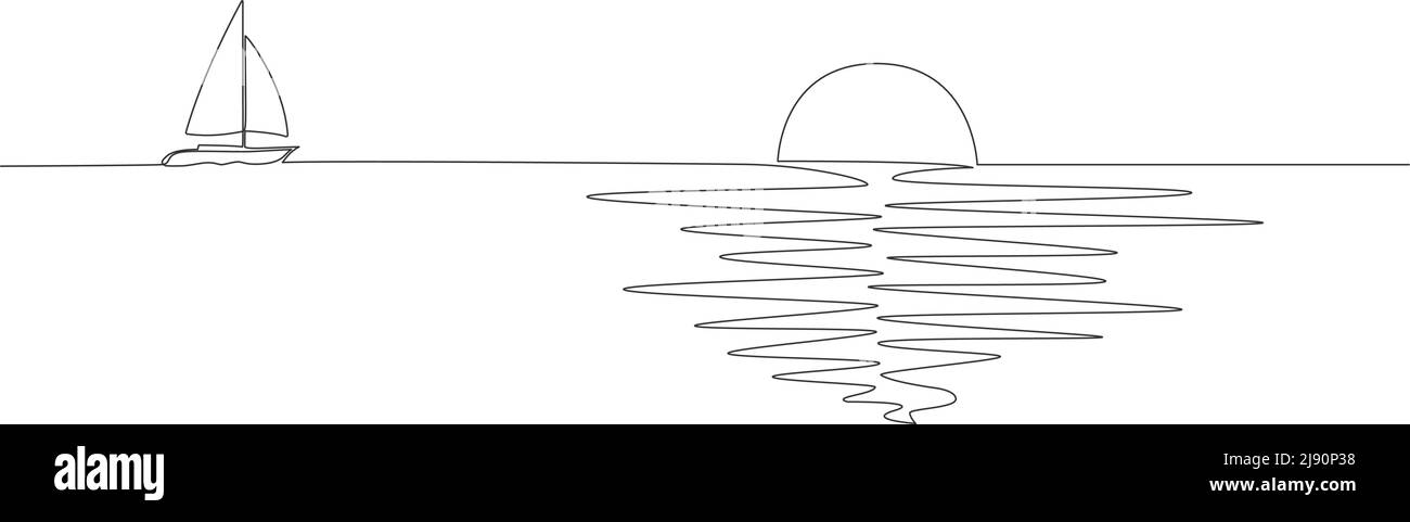 disegno a linea singola del tramonto al mare con barca a vela all'orizzonte, illustrazione vettoriale dell'arte di linea Illustrazione Vettoriale