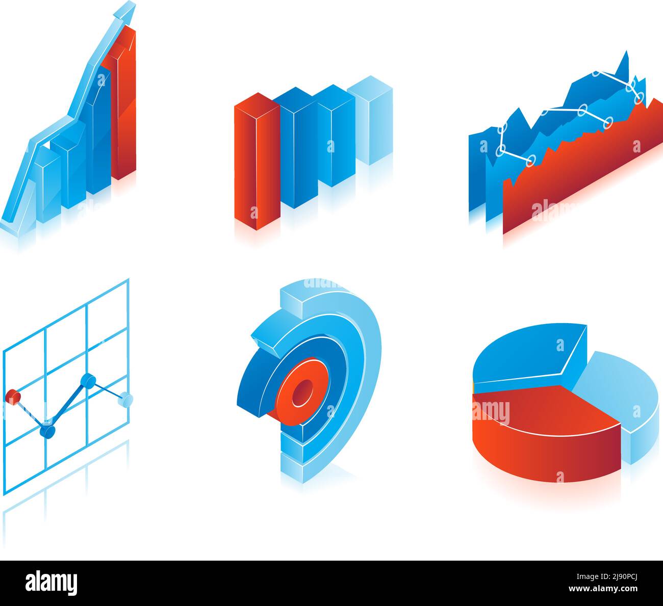 Set di grafici vettoriali 3d in blu e rosso: Grafici a torta analitici, grafici e grafici a barre da utilizzare come elementi di progettazione in inforgraphics Illustrazione Vettoriale