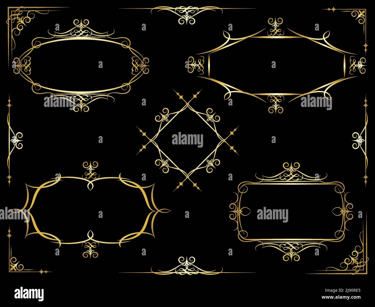 Set di cinque differenti cornici decorative vettoriali bianche su uno sfondo nero con l'intestazione dell'angolo e gli elementi del piè di pagina per utilizzare su documenti e uomo Illustrazione Vettoriale