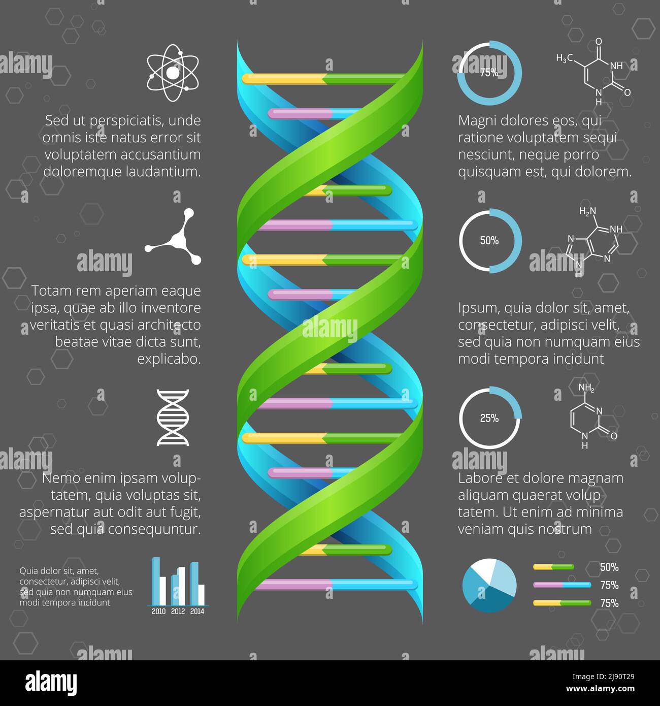 Modello infografico con struttura del DNA per la ricerca medica e biologica. Salute genetica, evoluzione della vita, elica della linea modello, illustrazione vettoriale Illustrazione Vettoriale