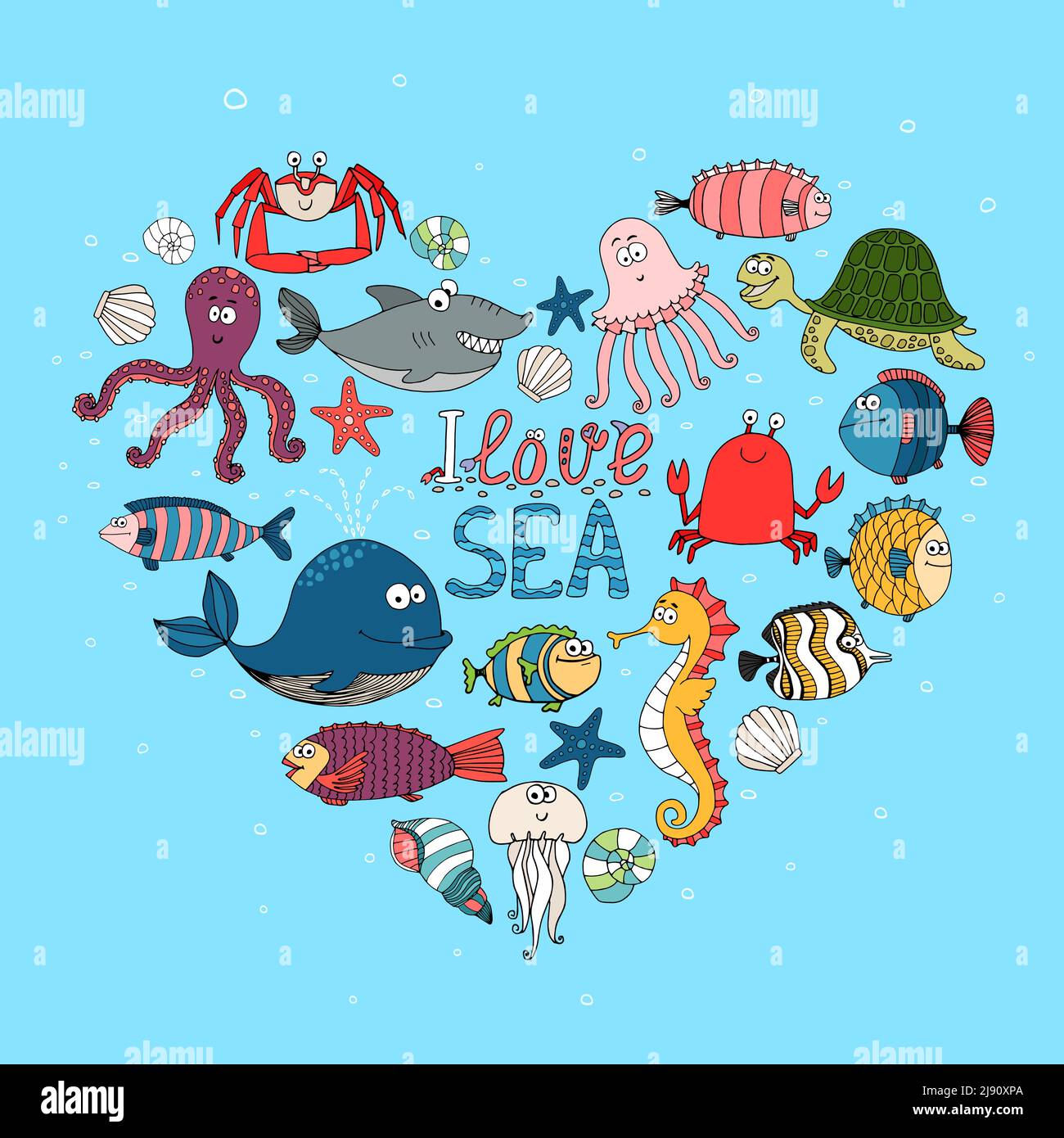 I Love Sea disegno nautico a tema con vari pesci a polpo di squalo balena tartaruga cavalluccio marino aragosta e granchio in un forma del cuore su un blu turchese Illustrazione Vettoriale