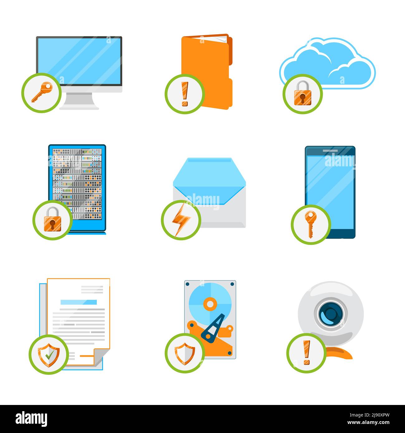 Set di icone piatte per la protezione dei dati. Protezione dei dati, Internet dei computer, cloud e rete, dispositivi di sicurezza e hardware di storage. Illustrazione vettoriale Illustrazione Vettoriale