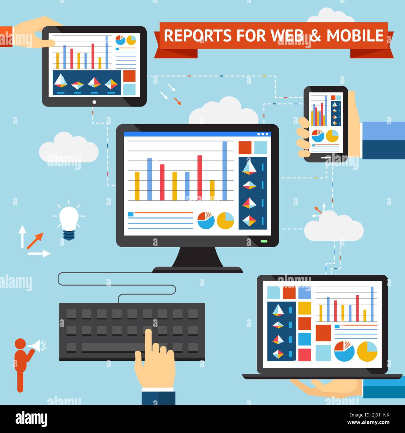 Report per Web e dispositivi mobili con display a colori dei grafici e delle statistiche visualizzate sulle schermate di un portatile desktop mobile ph Illustrazione Vettoriale