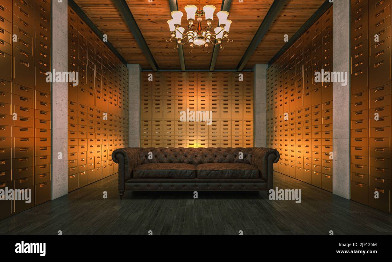 divano in pelle in camera vuota con molti cassetti in oro. 3d rendering Foto Stock