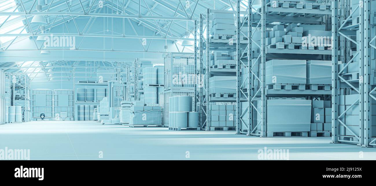interno di un magazzino industriale con merce. wireframe 3d rendering. Foto Stock
