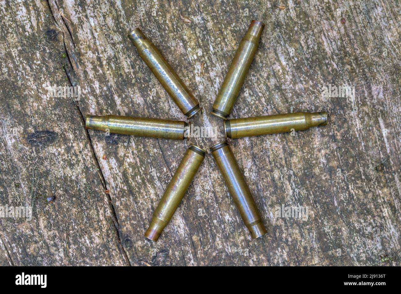 Un cacciatore ha le sue casse vuote della cartuccia disposte in una stella sul bordo di legno del suo pulpito di caccia alla fine della caccia. Foto Stock