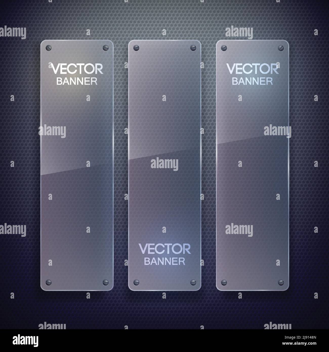 Striscioni verticali vuoti con superficie di vetro fissata al buio immagine vettoriale isolata con sfondo griglia Illustrazione Vettoriale