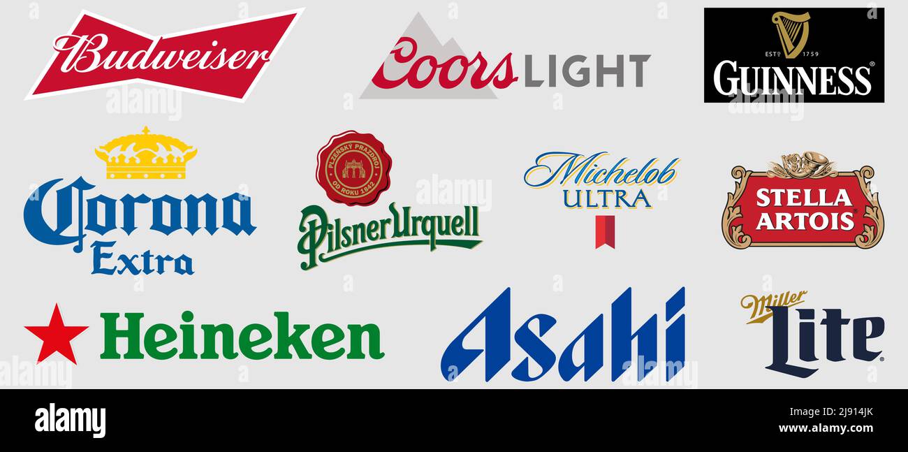 Vinnytsia, Ucraina - 19 maggio 2022: Il logo delle birre più popolari nel mondo. Budweiser, Coors Light, Miller Lite, Corona Extra, Guinness Draft, M Illustrazione Vettoriale