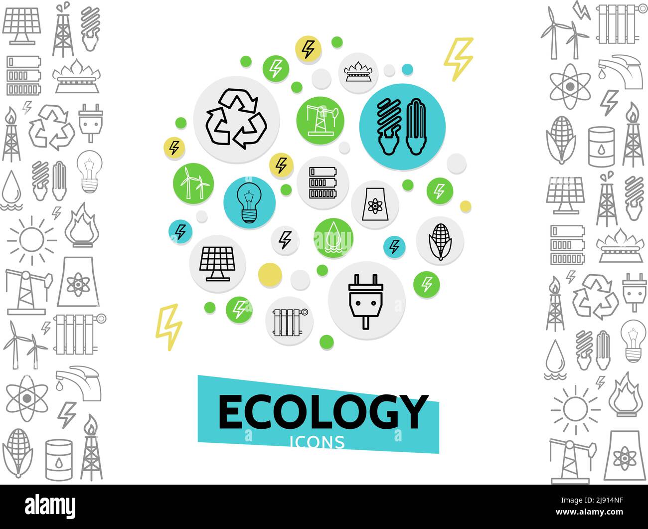 Icone di linea di ecologia concetto con sicurezza energetica eco elettricità e. elementi di contorno ambientali illustrazione vettoriale isolata Illustrazione Vettoriale