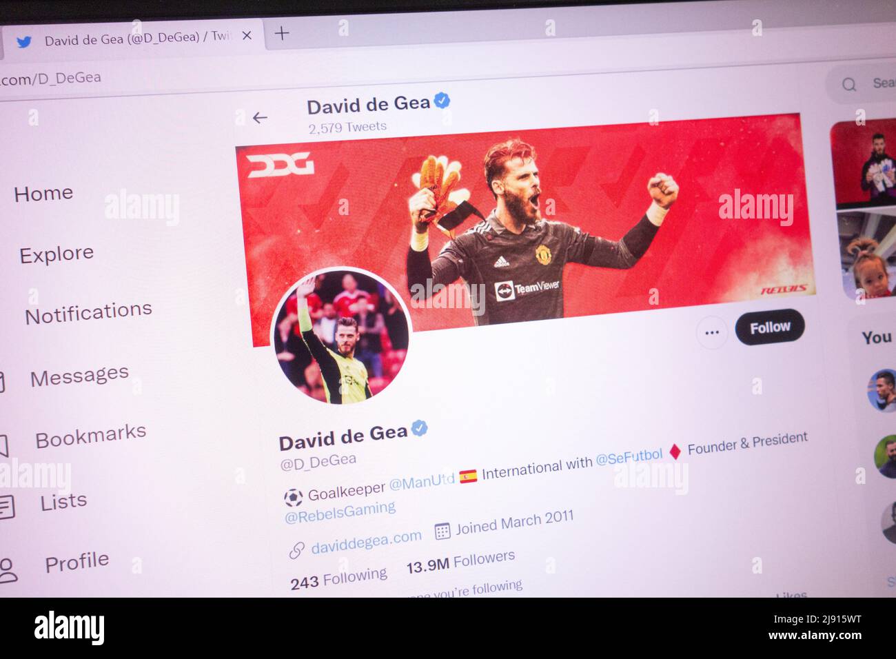 KONSKIE, POLONIA - 18 maggio 2022: David de Gea account Twitter ufficiale visualizzato sullo schermo del laptop Foto Stock
