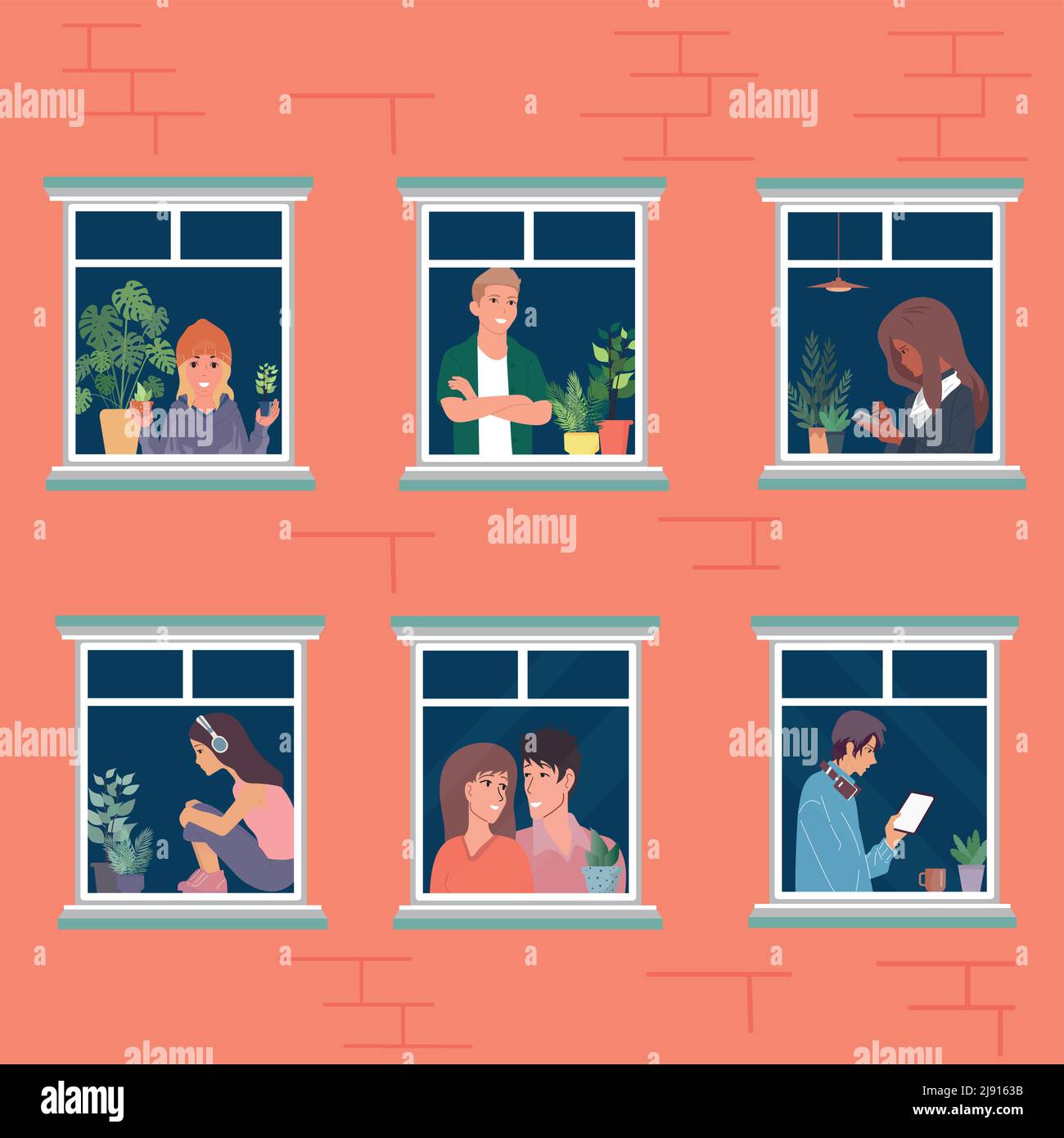 Edificio a piu' piani con persone nelle finestre. Piante per interni, utilizza il telefono o il tablet. Comunicazione con Neighbors.Vector illustrazione in piatto Illustrazione Vettoriale