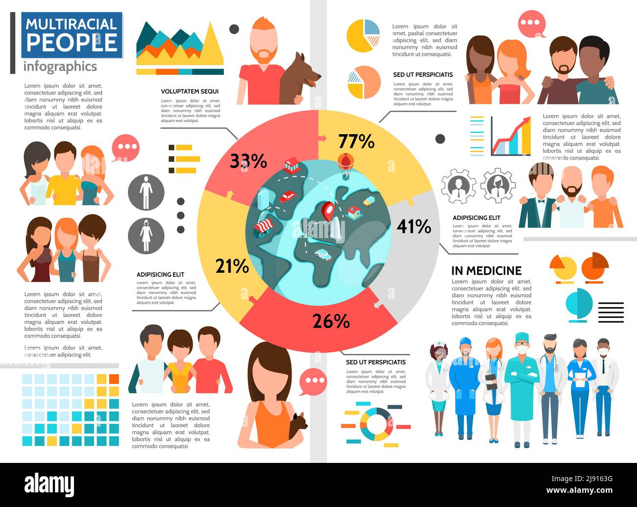 Modello infografico piatto multirazziale con diagramma uomini e donne di differenti etnicità in varie sfere di illustrazione del vettore di vita Illustrazione Vettoriale