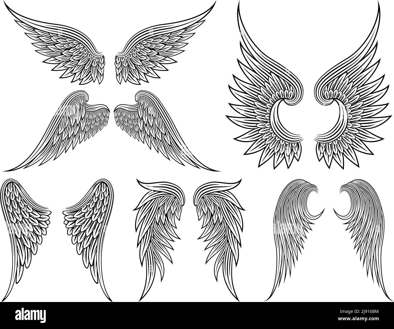 Set di ali araldiche o di ali d'angelo disegnate linee nere. Illustrazione vettoriale Illustrazione Vettoriale
