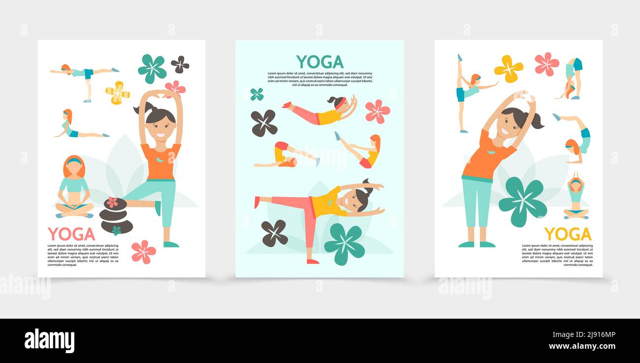 Manifesti piatti di yoga e armonia con le ragazze che si allenano e meditano in diverse pose fiori di loto pietre spa isolato vettore illustrazione Illustrazione Vettoriale