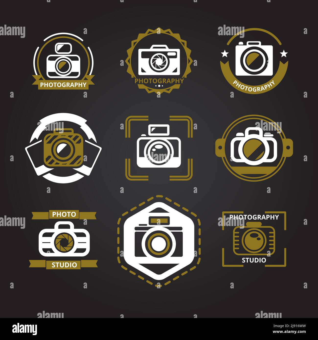 Set di loghi vettoriali o icone per fotografi. Fotocamera e foto, tecnologia fotografica, emblema di foto studio, illustrazione vettoriale Illustrazione Vettoriale