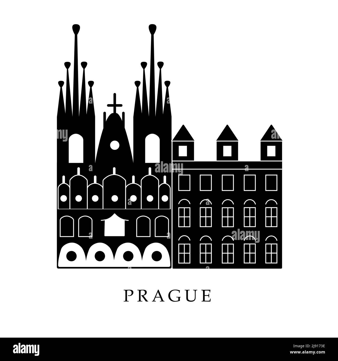 Capitali europee, Praga. Illustrazione in bianco e nero Illustrazione Vettoriale