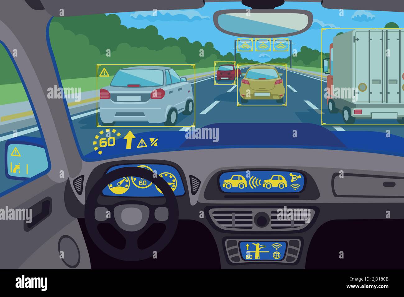 Tecnologia del sistema head-up in auto. Controllo del sistema tecnologico, cruscotto tecnologico futuro, computer head-up digitale. Illustrazione vettoriale Illustrazione Vettoriale