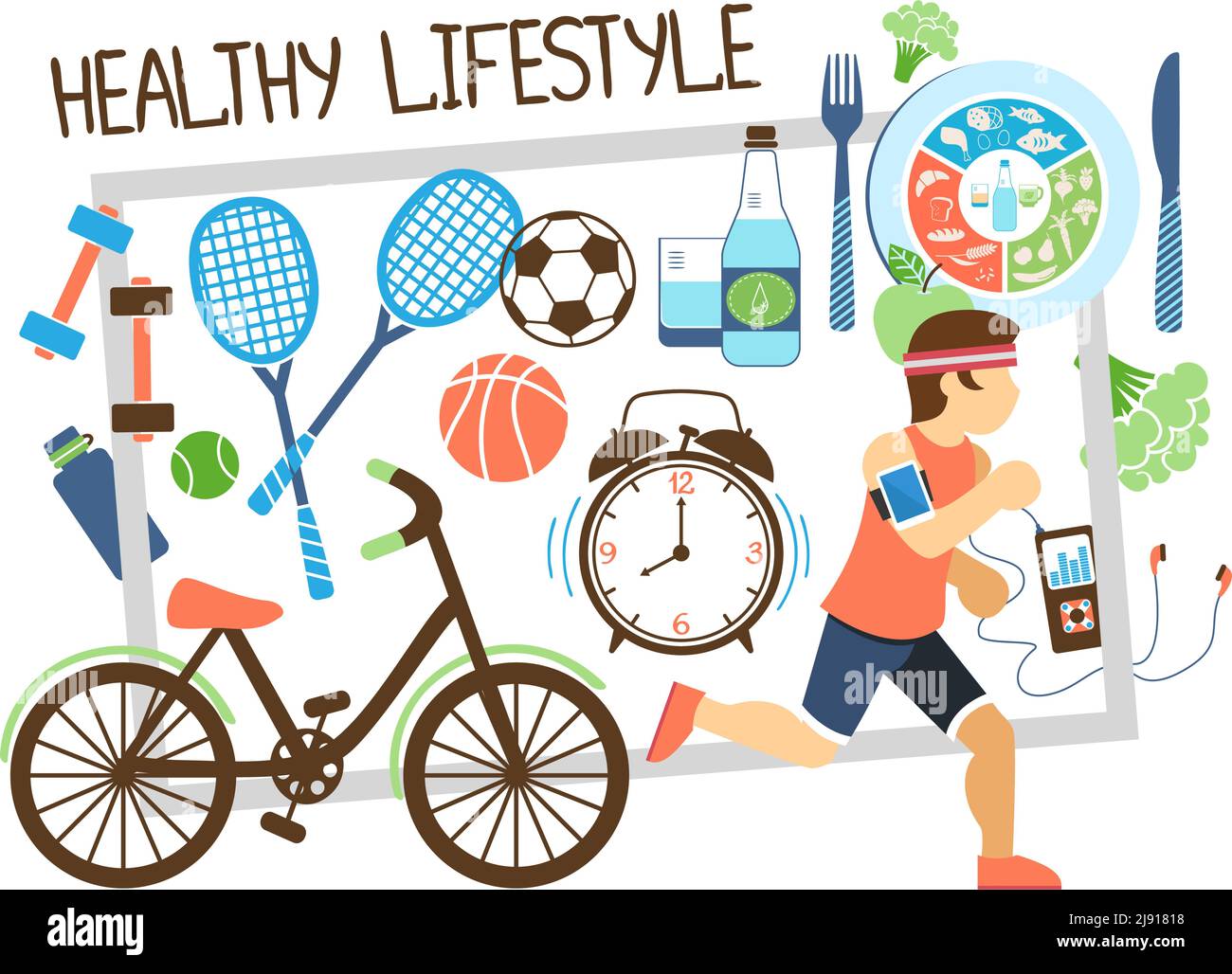 Composizione piatta stile di vita attivo con racchette da bicicletta uomo in corsa orologio alimentare sano in immagine vettoriale di frame Illustrazione Vettoriale