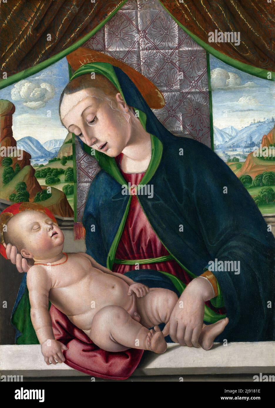 La Vergine col Bambino dell'artista italiano Giovanni Santi (c. 1435-1494), uova e olio su legno, c. 1488 Foto Stock