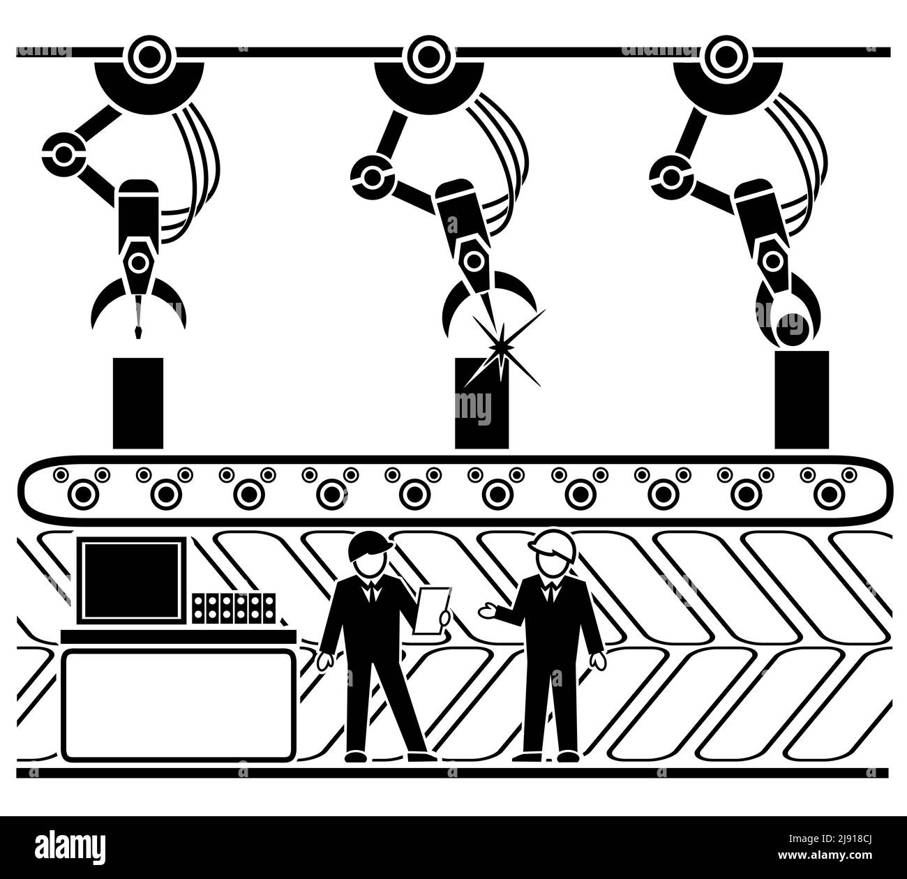 Linea di trasportatori per la produzione robotica. Macchina meccanica, produzione e impianto, lavorazione idraulica automatica. Illustrazione vettoriale Illustrazione Vettoriale
