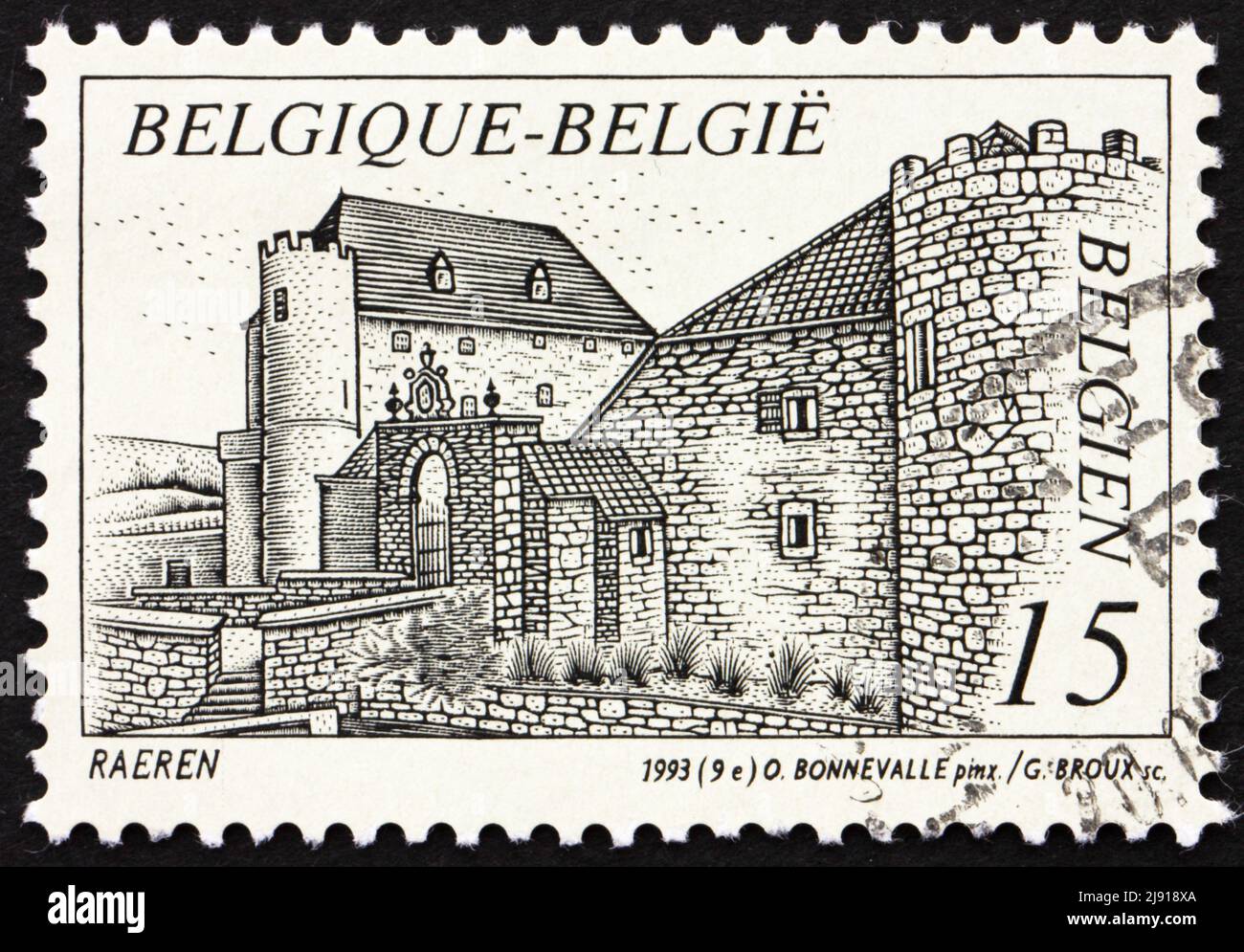 BELGIO - CIRCA 1993: Un francobollo stampato in Belgio mostra Castello Raeren, Belgio, circa 1993 Foto Stock