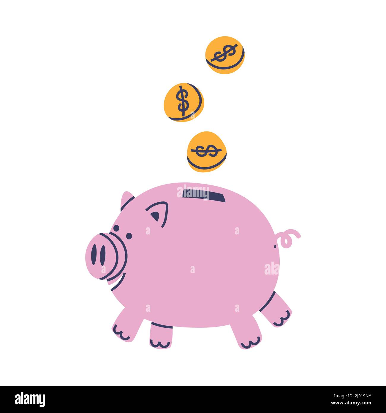Maiale rosa - una banca di maialino e monete che cadono in esso. Isolato su sfondo bianco illustrazione vettoriale. Illustrazione Vettoriale