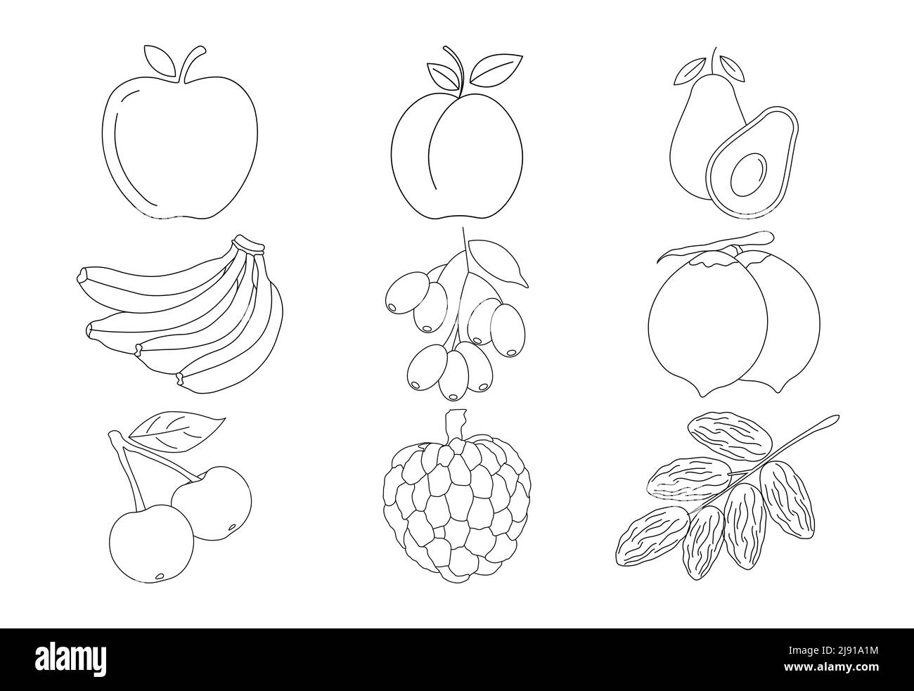 Frutta colorazione pagine illustrazione vettoriale su sfondo bianco, libro da colorare per bambini Illustrazione Vettoriale