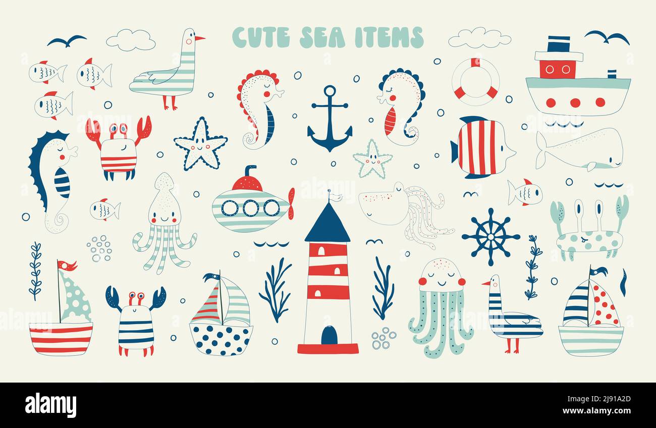 Oggetti marini carini, elementi della natura. Accessori estivi, set di articoli. Faro, volante, granchio, cavalluccio marino, balena, stelle marine e altri. Bambino Illustrazione Vettoriale