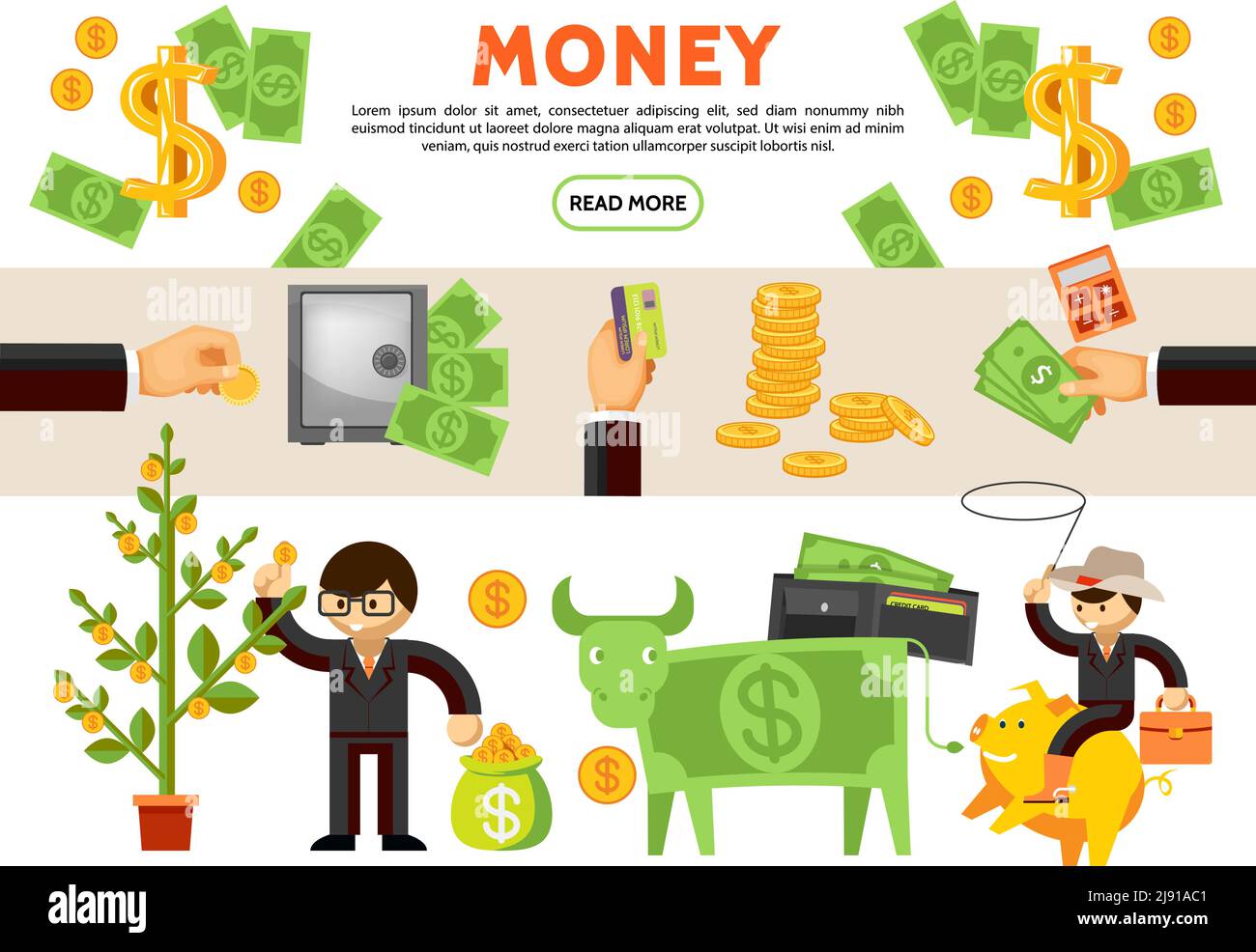 Collezione di icone finanziarie piatte con monete in contanti di mucca dell'albero dei soldi portafoglio sicuro cowboy uomo d'affari seduto su piggy banca vettore isolato illustrazione Illustrazione Vettoriale