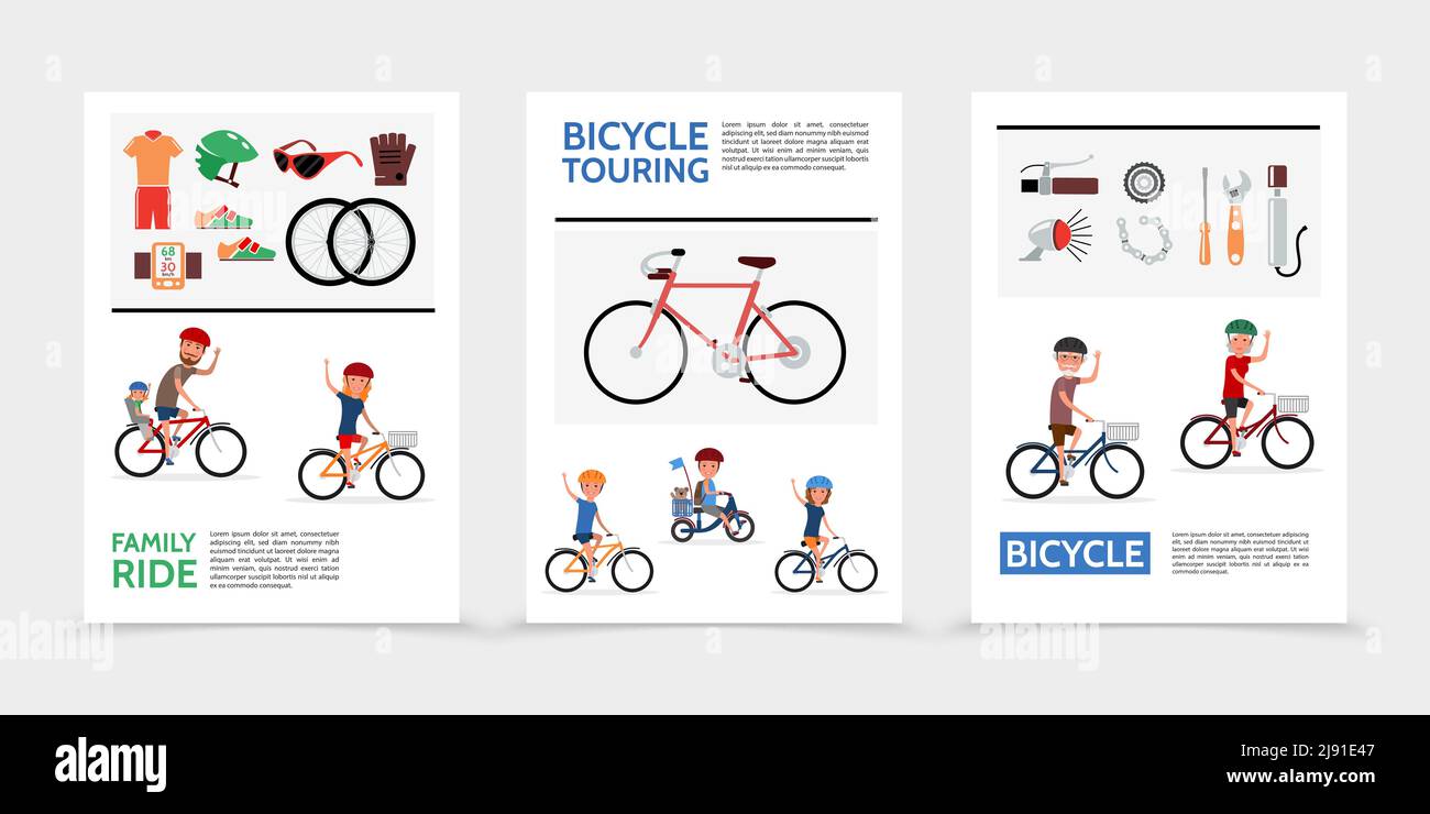 Poster per biciclette con persone che cavalcano biciclette sportive ruote occhiali guanto pompa tachimetro chiave per cacciavite a campana figura vettoriale Illustrazione Vettoriale